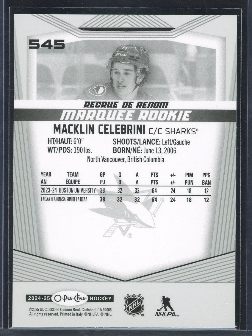2024-25 O-Pee-Chee Marquee Rookies Macklin Celebrini #545 Rookie RC
